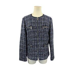 Lafayette 148 New York Womens Tweed Jacket Size 10 Blue/White Zipper Front